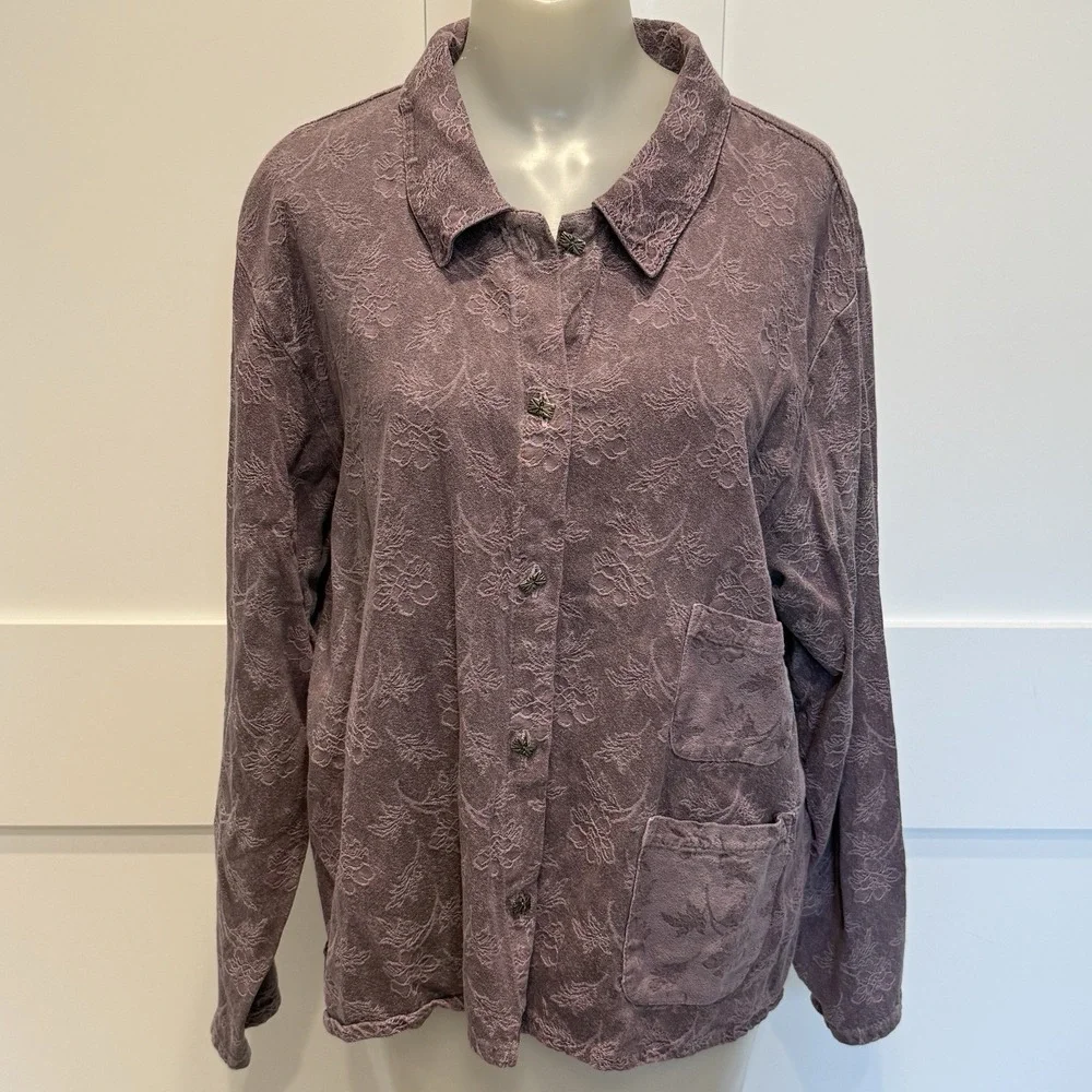 J. Jill Shirt Jacket  Size L Cotton Blend Button Embossed Long Sleeve Lavender L